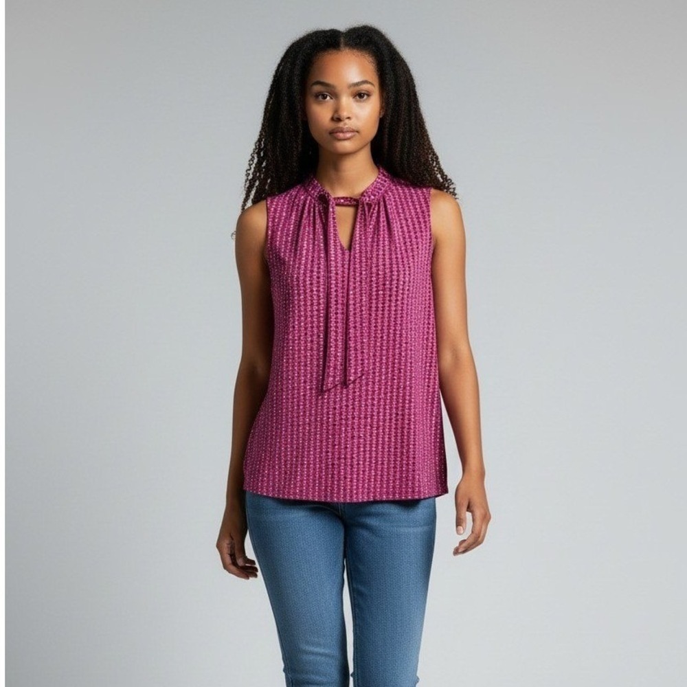 Liz Claiborne Petite Medium PM Pink Dots Sleeveless Tie Neck Blouse Top NWT